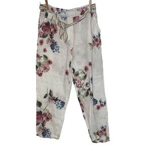 Bella Amore Linen Floral Pull On Cropped Pants Sz SM Belted Made in Italy